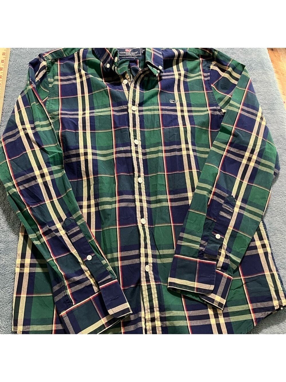 Vineyard Vines Whale Shirt Mens M Blue Green Plaid Long Sleeve